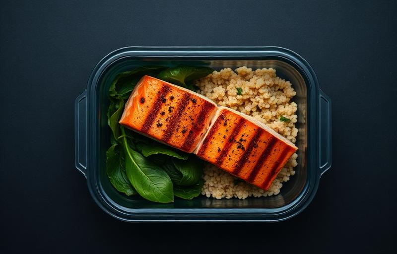 Meal prep container with salmon and greens
