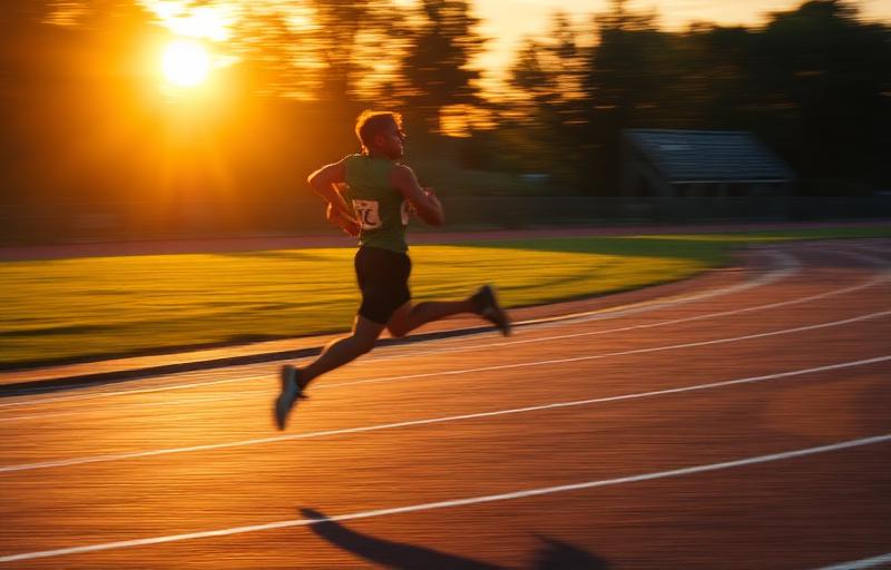 Athlete sprinting on a track at dusk