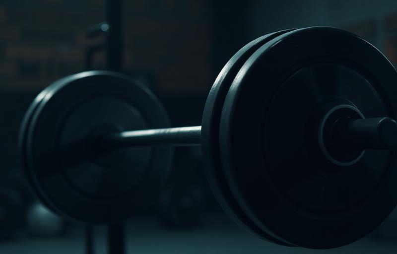 Loaded barbell in a dark gym